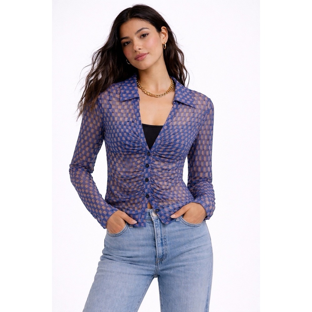 Maeve Anthropologie Sheer Ruched Mesh Button Down Blouse Womens L Blue Geometric